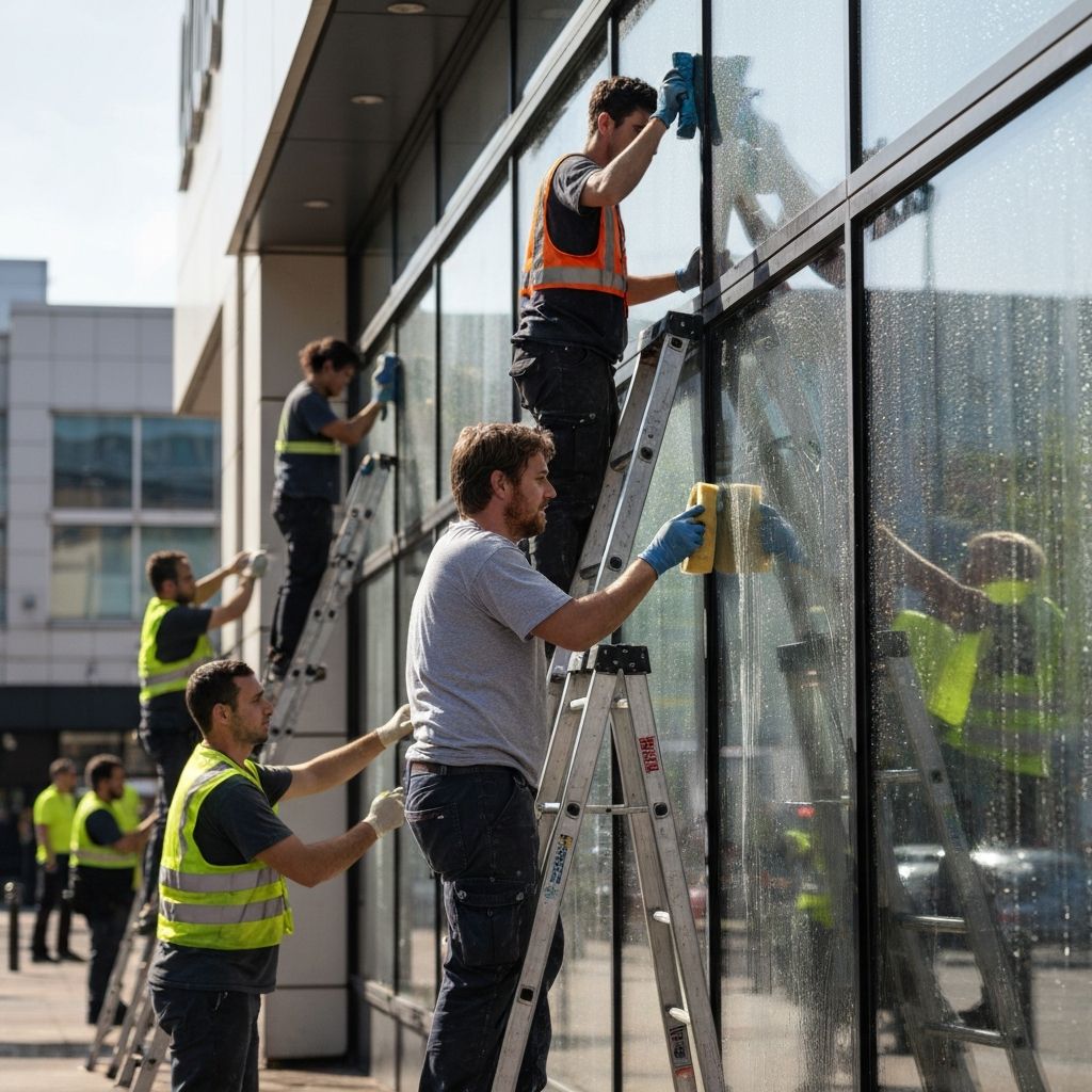 Window cleaning crew on ladders working on retail building